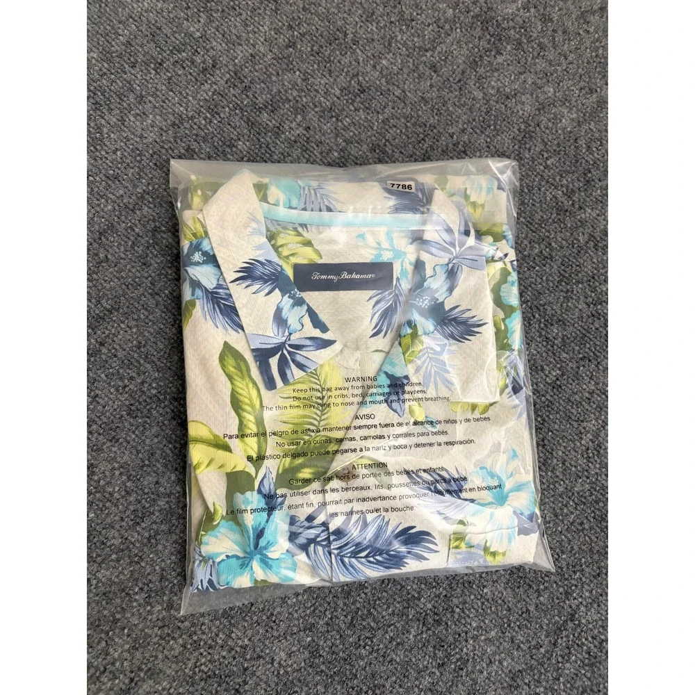 Tommy Bahama Mens Large Silk Floral Camp Shirt Blue Green Hibiscus Tropical L